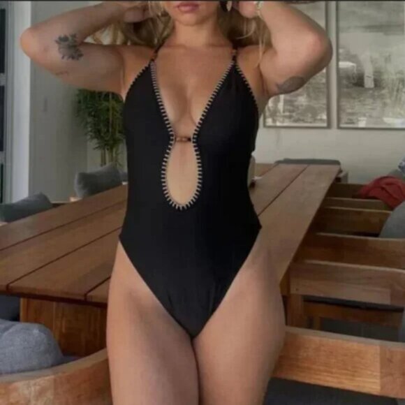 Women's Plunge Bead Detail Extra High Leg One Piece Swimsuit - Shade & Shore M - Picture 1 of 7